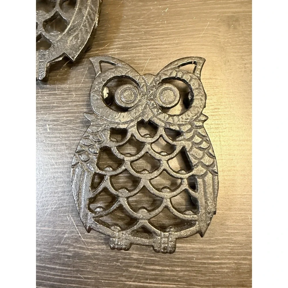 Vintage Set Of 3 Cast Iron Owl Trivets Hot Plates Taiwan Black 5